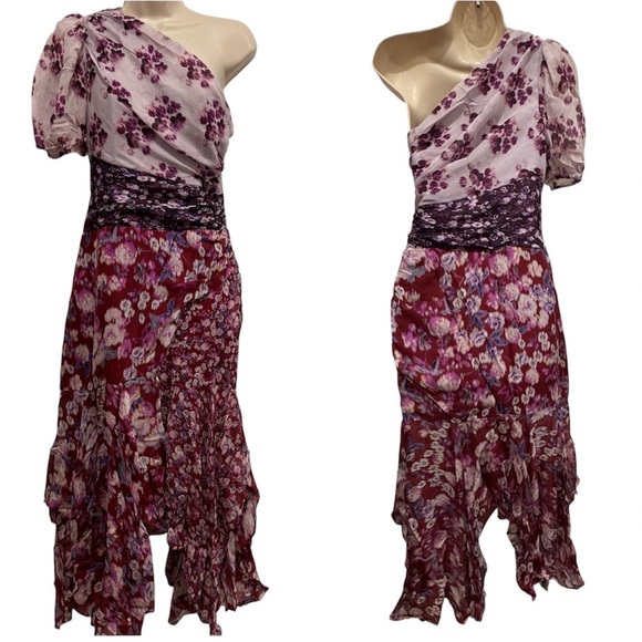 AMUR Laura Floral Silk One Shoulder Dress Size 2 Lavender Purple Asymmetric Hem - Picture 5 of 16